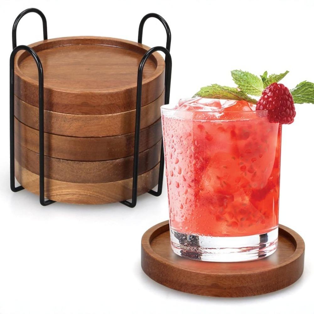 1/4/6Pcs Minimalist Wooden Coasters Natural Absorbent Modern Rustic Heat Insulation Pad with Bracket Eco-Friendly Table Mat Desk