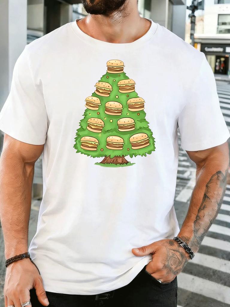 Unisex Short Sleeve T Shirt Burger Christmas Tree Graphic Tee Food Print Tops Summer Soft Cotton Casual Street Wear For Adult Male