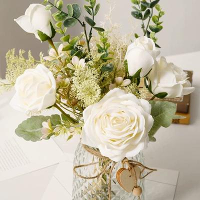 Fake Roses Bouquet Artificial Rose Flowers White Faux Flower Arrangement for Wedding Bride Bouquets Home Kitchen Garden Decoration