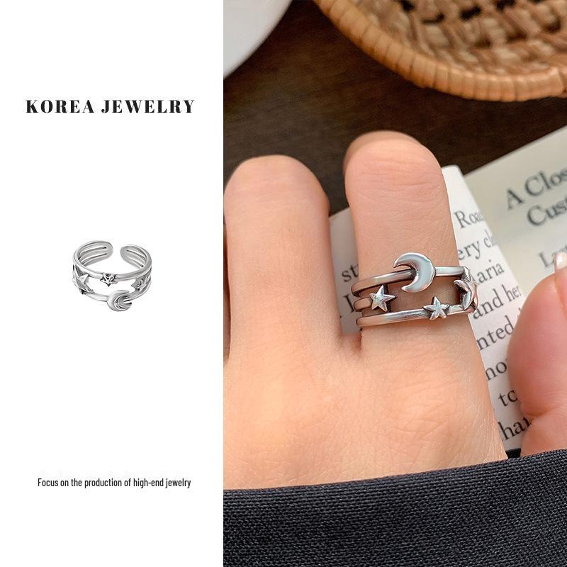 Lan Zhi Star Moon 925 Sterling Silver Women's Hip Hop Open Ring - Non-fading, Unique Design.