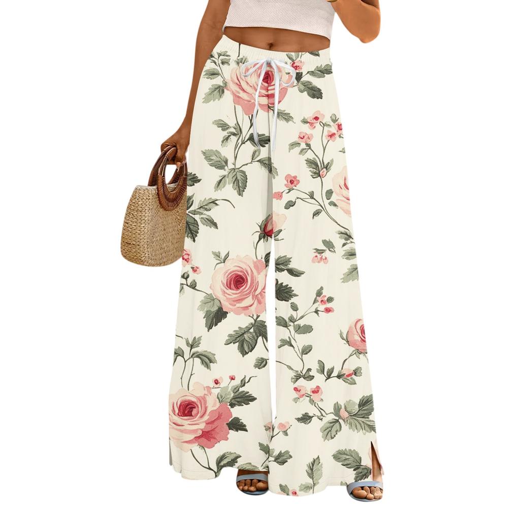 Women's Casual Wide Leg Pants Stretch Belt Pocket Floral Print Adjustable Tie Pants