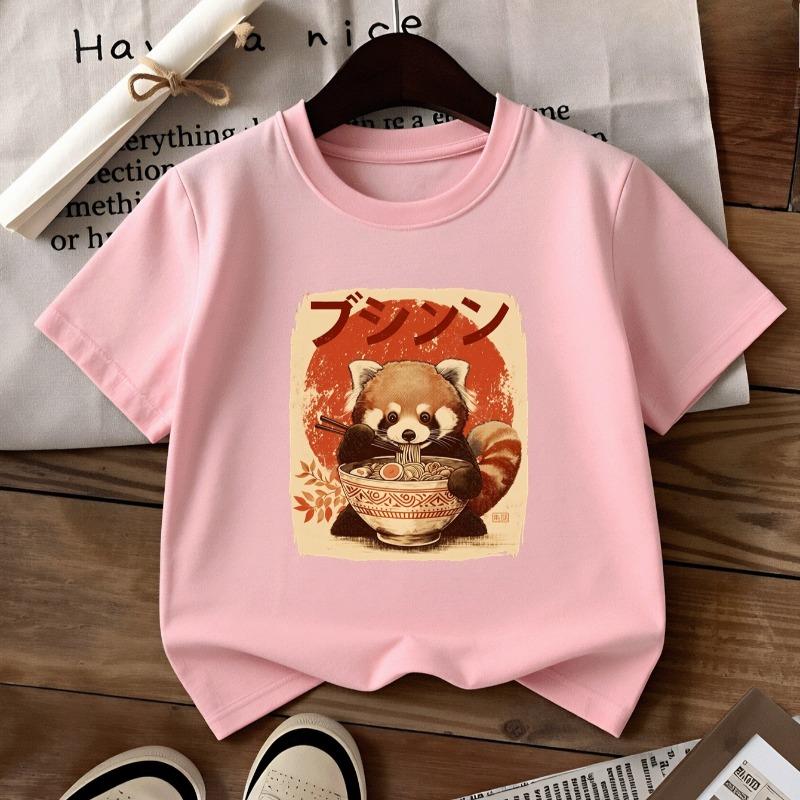 Kids Panda Noodle Bowl Print Crewneck Short Sleeve Tee, Spring Summer Casual Travel Top