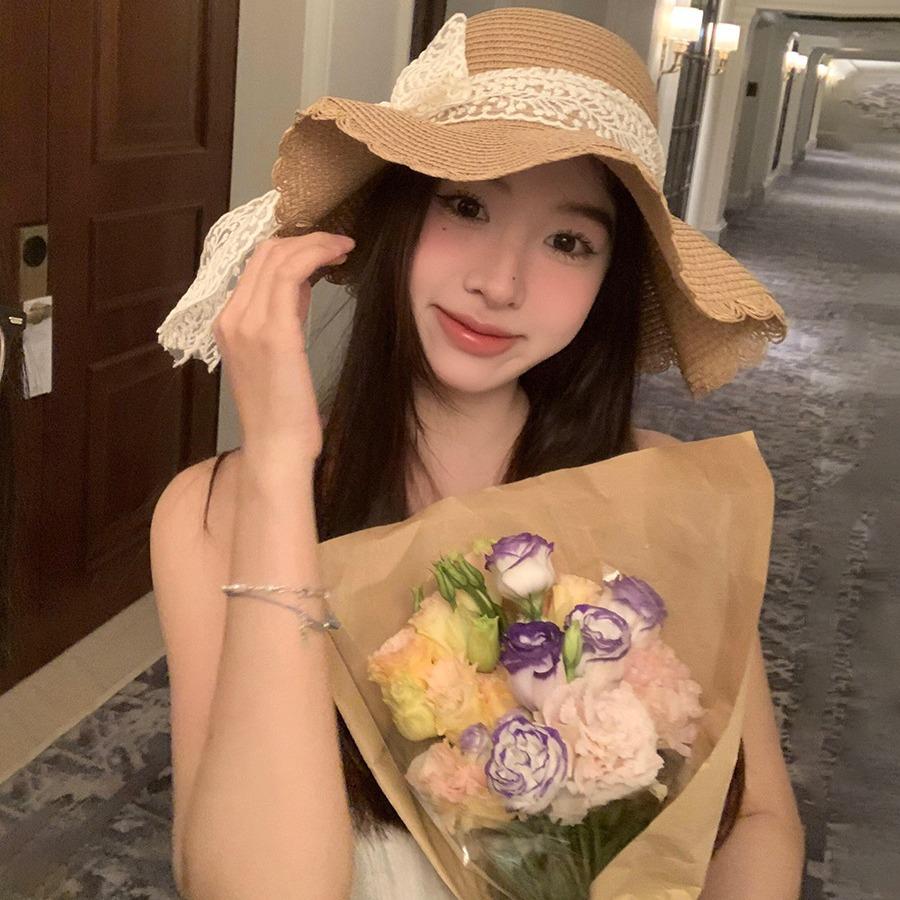 Summer Sunscreen Visor Hat Sweet Bucket Hat Breathable Lace Bow Big Brim Straw Hat Women