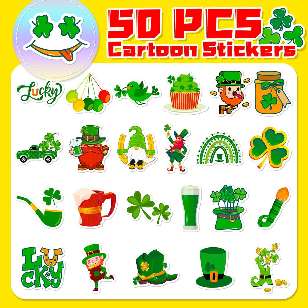 50 Stück St. Patrick Aufkleber - Kleeblatt Leprechaun Abziehbilder für Irische Party DIY (4.8x5.2cm)