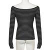 Maglietta Basic Giapponese Slim a Maniche Lunghe a Righe Spalla Scoperta Girocollo Stile Street Coreano Primavera Autunno Y2K Grigia da Donna