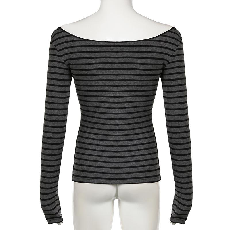 Maglietta Basic Giapponese Slim a Maniche Lunghe a Righe Spalla Scoperta Girocollo Stile Street Coreano Primavera Autunno Y2K Grigia da Donna