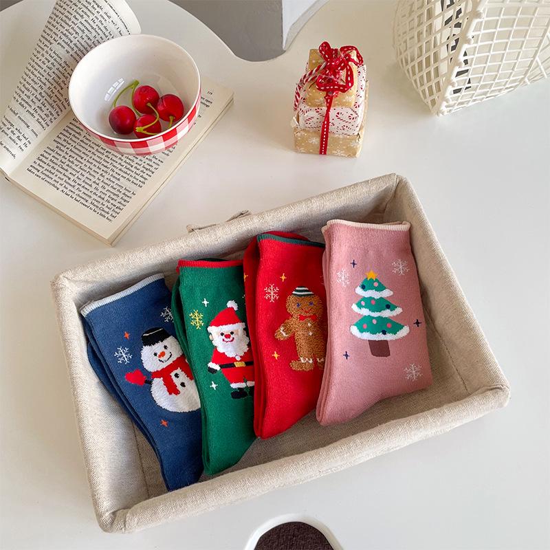 Festive Mid-Calf Cartoon Socks with Snowman & Santa Design for Autumn/Winter Holidays