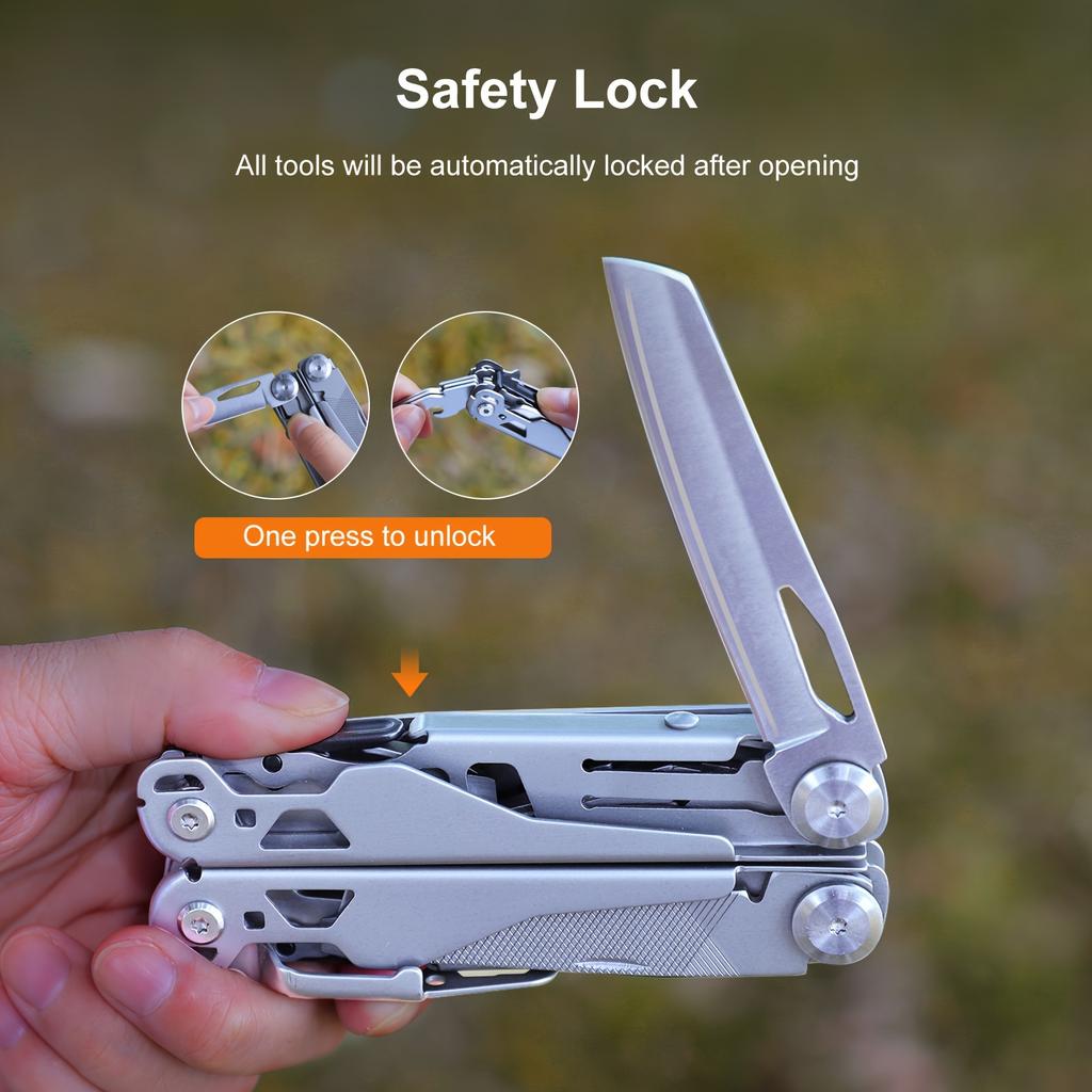 Multitool with Safety Lock, Stainless Steel Multitool Clamp Pocket Tool, Collapsible Multitool with Nylon Sheath