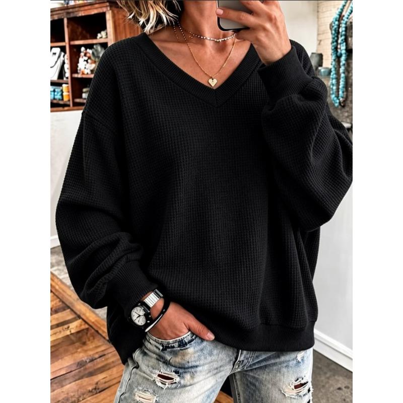 Women S Waffle Knit V Neck Long Sleeve Loose Casual Sweatshirt