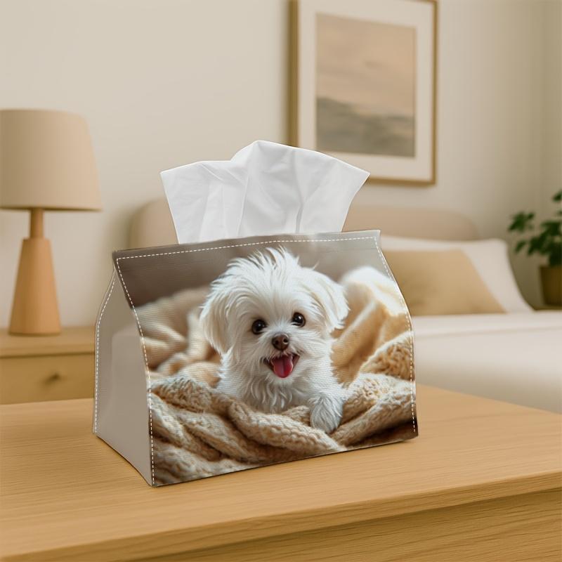 1pc Party Tissue Box, Adorable Puppy Image, Versatile Tissue Holder, Soft Beige Dog Blanket, Outdoor Party Essentials, Daily Desktop Tissue Organizer,
