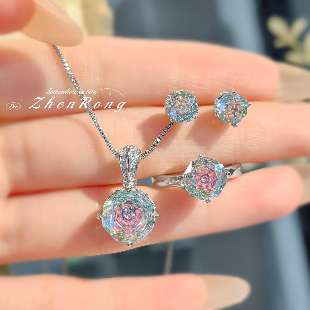 Millennium Rose Cut Paraiba Jewelry Set with Necklace Earrings Ring for Women Sparkling Pink Diamonds