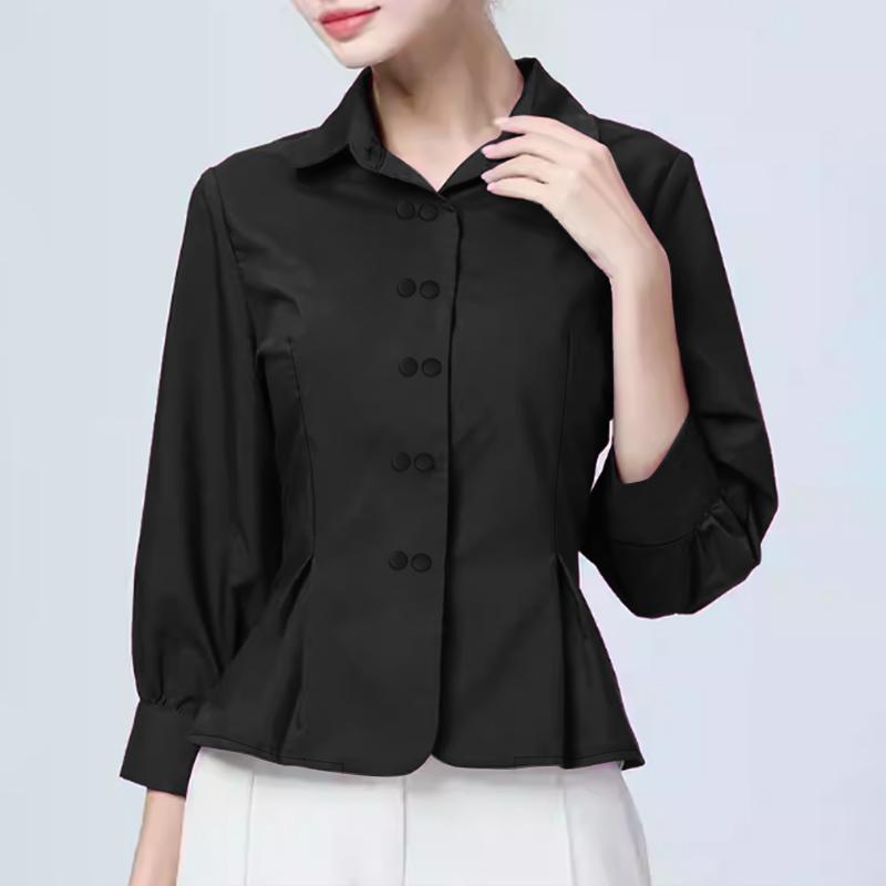 

ZANZEA Женская повседневная блузка с отложным воротником и рукавом 3/4 свободного кроя S чёрный