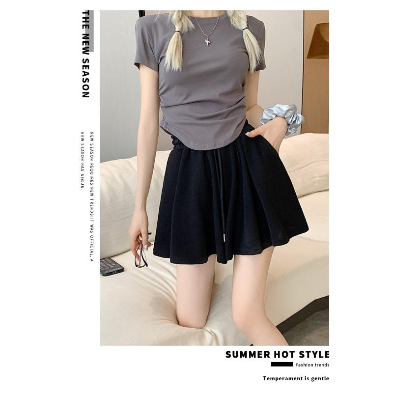 Drawstring Sports Shorts Women's Summer Elastic Waist Sag Loose Look Slim Everything with A Line Casual Wide Leg Skirt Pants