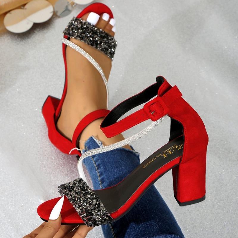 2026 Summer Open Toe Women's Sandals Fashion Buckle Strap New Sequins Plus Size Color Matching Heeled Sandals