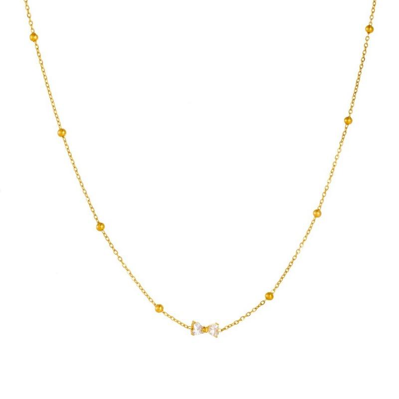 Gold Plated Bow Pendant Necklace with Beaded Chain Delicate Cubic Zirconia Choker