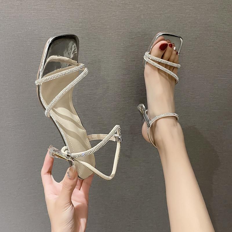 Fashion New Summer Stiletto Sandals Women's Fashion Square Head Open Toe Glitter Thin Strap Set Foot Anti-slip Wear-resistant High Heels