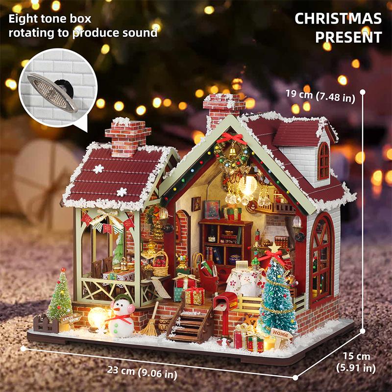 DIY Holzpuppenhaus Warme Weihnachts-Lodge Casa Figuren Miniaturen Zusammengebautes Puppenhaus mit Lichtern für Freunde Weihnachtsgeschenke