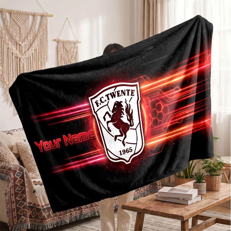 FC Twente Personalized Fleece Blanket With Football Logo, Custom Name Text Soft Warm Home Throw Blanket