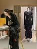 In Stock Women's Black V-Neck Slim Fit Long Sleeve T-Shirt Camisole Dress - Xiao Qi Qing Inspired by Dilireba Style