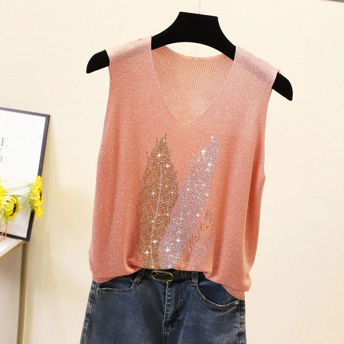 Loose Interior Plus Plus Sleeveless Ice Silk Knit Top with Rhinestones V-neck Camisole Women's Summer
