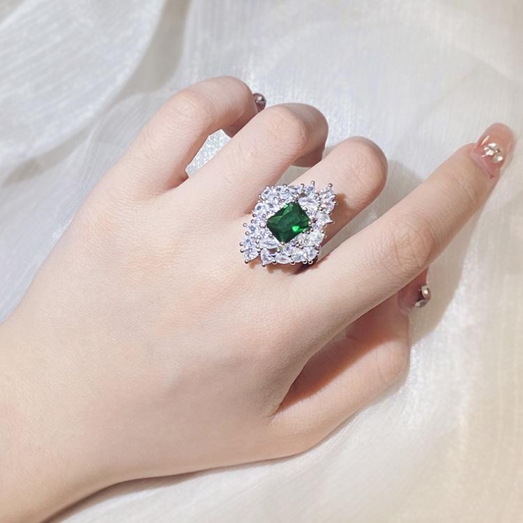 New Simulation Emerald Tourmaline Opening Ring Female Luxury Princess Square Full Diamond Ring