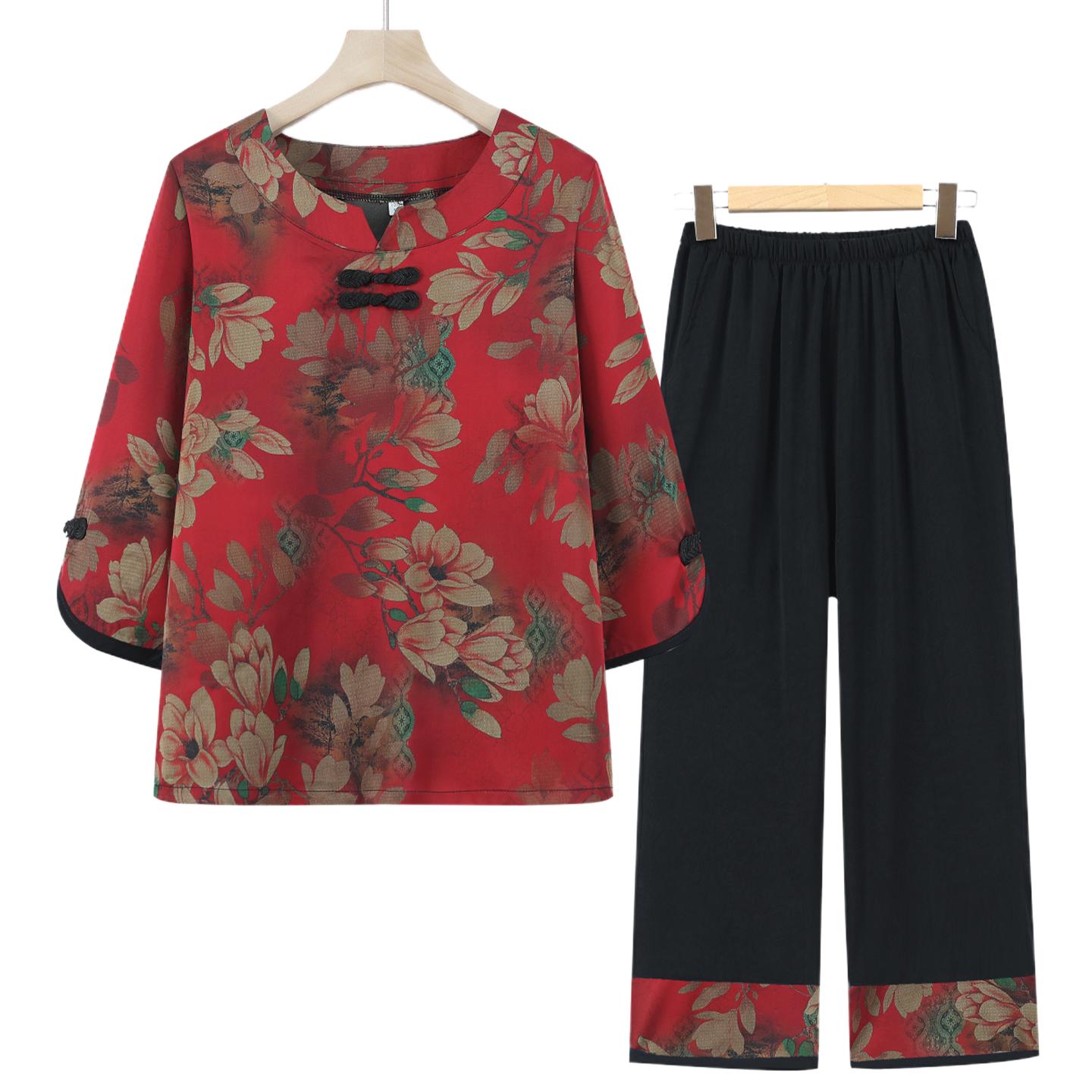 

Summer Short-Sleeve Top & Two-Piece Casual Set for Middle-Aged and Elderly Women 4XL (130-145 kg)