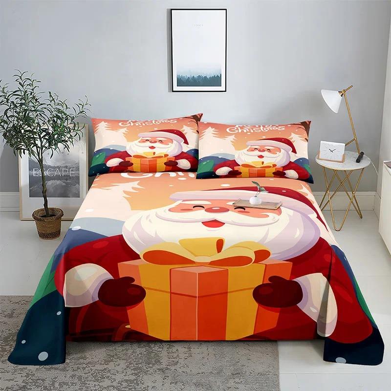 Merry Christmas Bed Sheet Set with Pillowcase 3D Print Santa Claus Home Decor New Year King Queen Full Size Red Bed Flat Sheet
