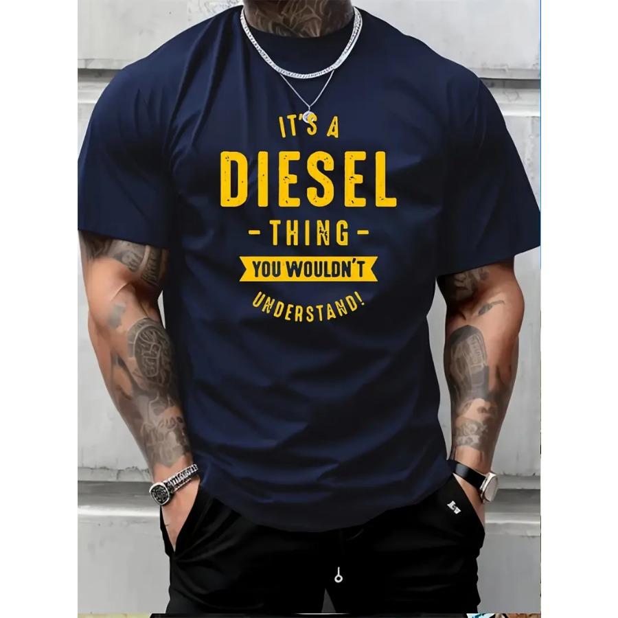 Men's Quick-Dry Breathable Casual T-Shirt with Bold "It's a Diesel Thing" Letter Print Graphic Tee for Outdoor Sports