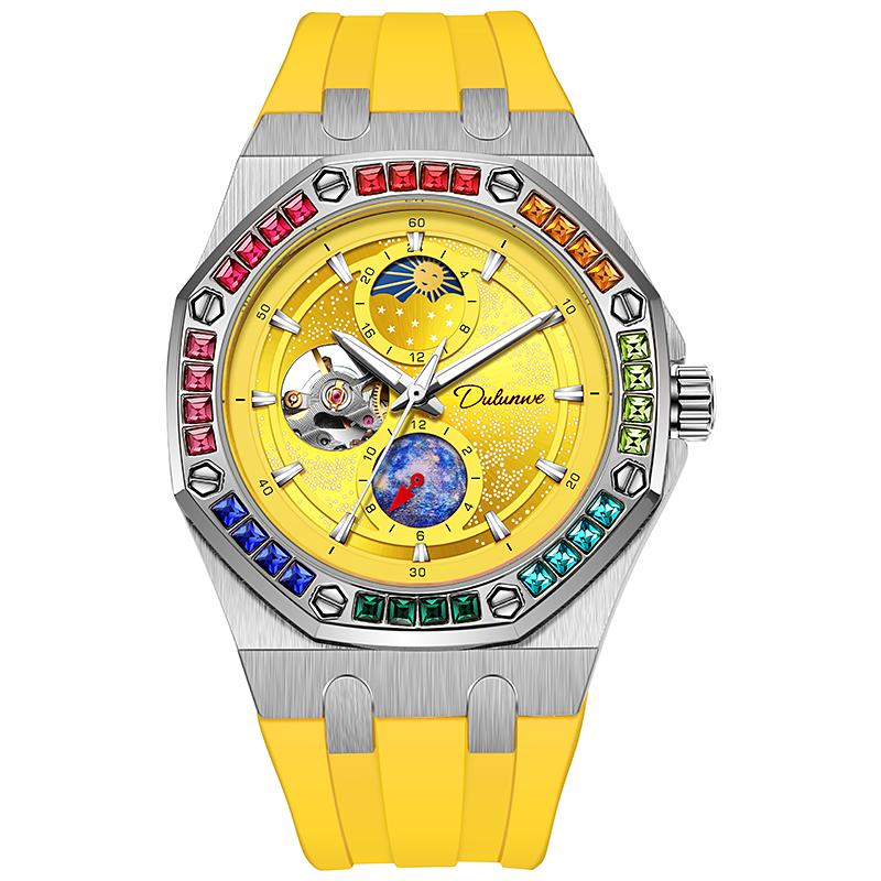 

Dulunwe Мужские часы Автоматические наручные часы Модные Звездное небо Светящийся дизайн Фаза Луны Механические Часы с силиконовым ремешком жёлтый