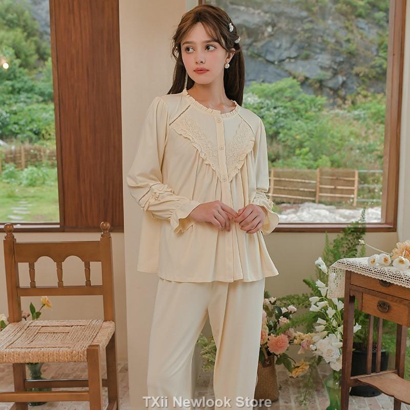 

Пижамный комплект с длинными рукавами из французского кружева в стиле суда, осенняя домашняя одежда из двух предметов, которую можно носить снаружи L жёлтый