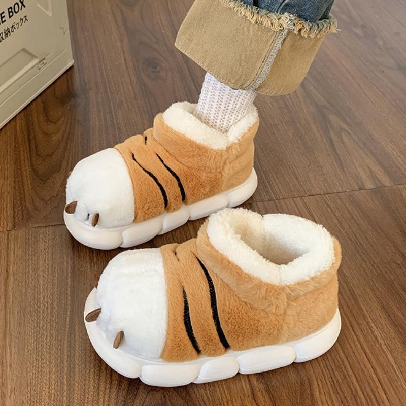 Fashion Cute Cartoon Fluffy Slippers For Women Men Winter Warm Shoes Indoor Home Floor Style Soft Plush Tiger Paw Couples Cotton Slipper