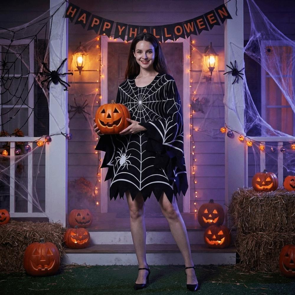 Black Shawl Halloween Spider Web Cloak Scary Poncho Cape Cosplay Party Costume  Halloween Costume