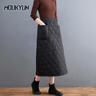 Winter und Herbst neue verdickte warme Baumwolle elastische hohe Taille schlanke Taschenröcke schwarz