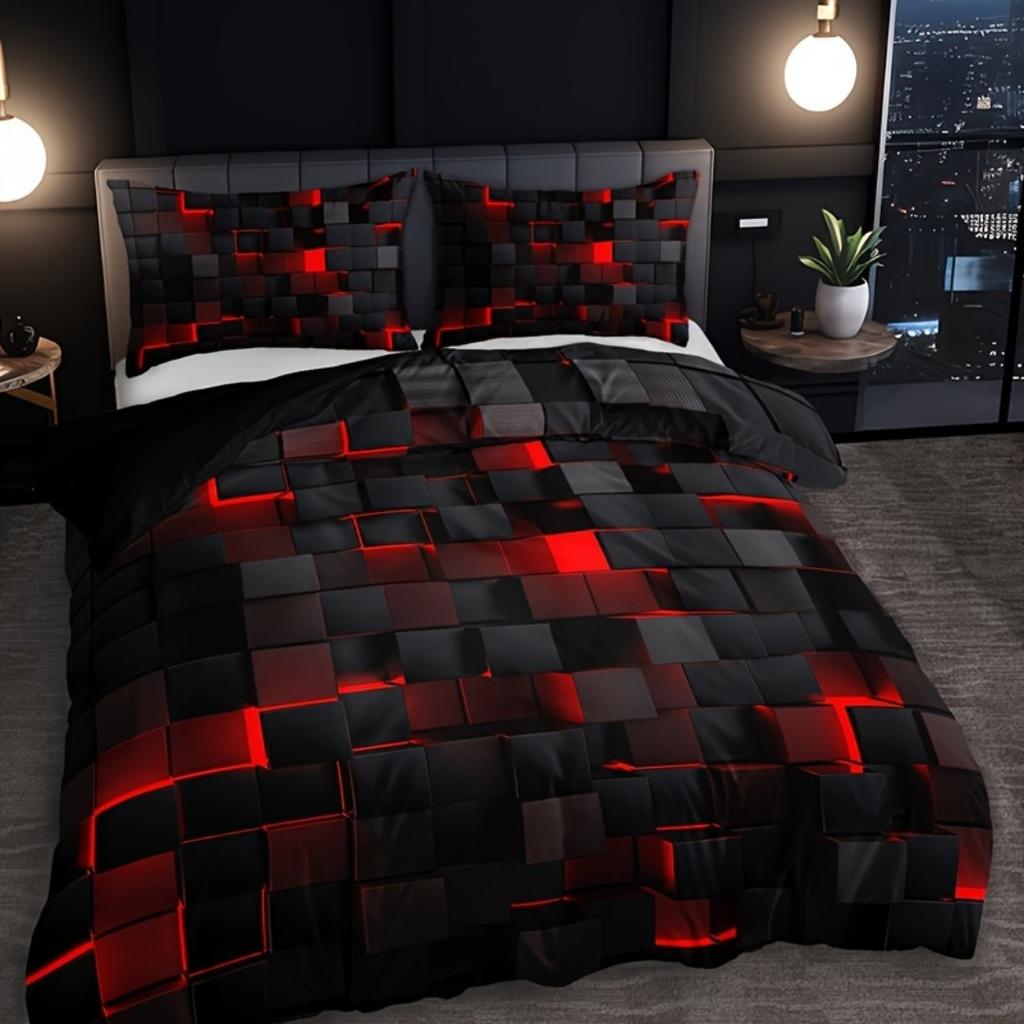 Tech-Inspired Plaid Grid 3D Print Beding Set Comfortable Soft Duvet Cover King Quen Twin Single Sized Dimensions Bithday Gift for Young Boys Brothers
