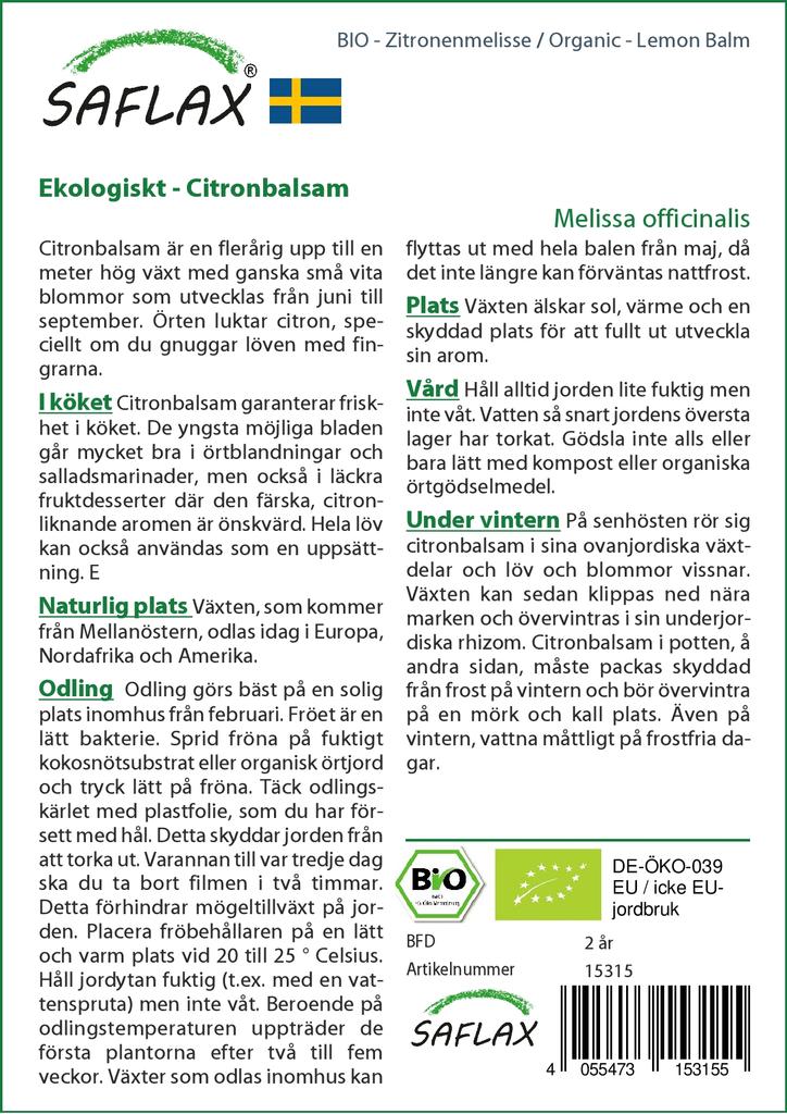 SAFLAX Garden In the Bag - Organic - Lemon Balm - 1000 Seeds - With Substrate In a Fitting Stand Up Bag - Melissa Officinalis