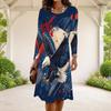 Women Plus Size Round Neck Long Sleeve Red Blue Star Swirl Printed A Line Dress