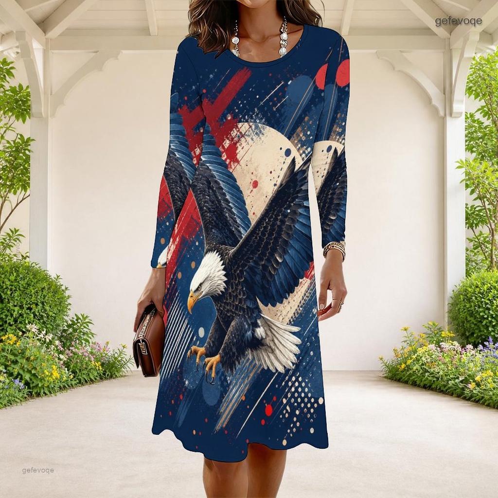 Women Plus Size Round Neck Long Sleeve Red Blue Star Swirl Printed A Line Dress