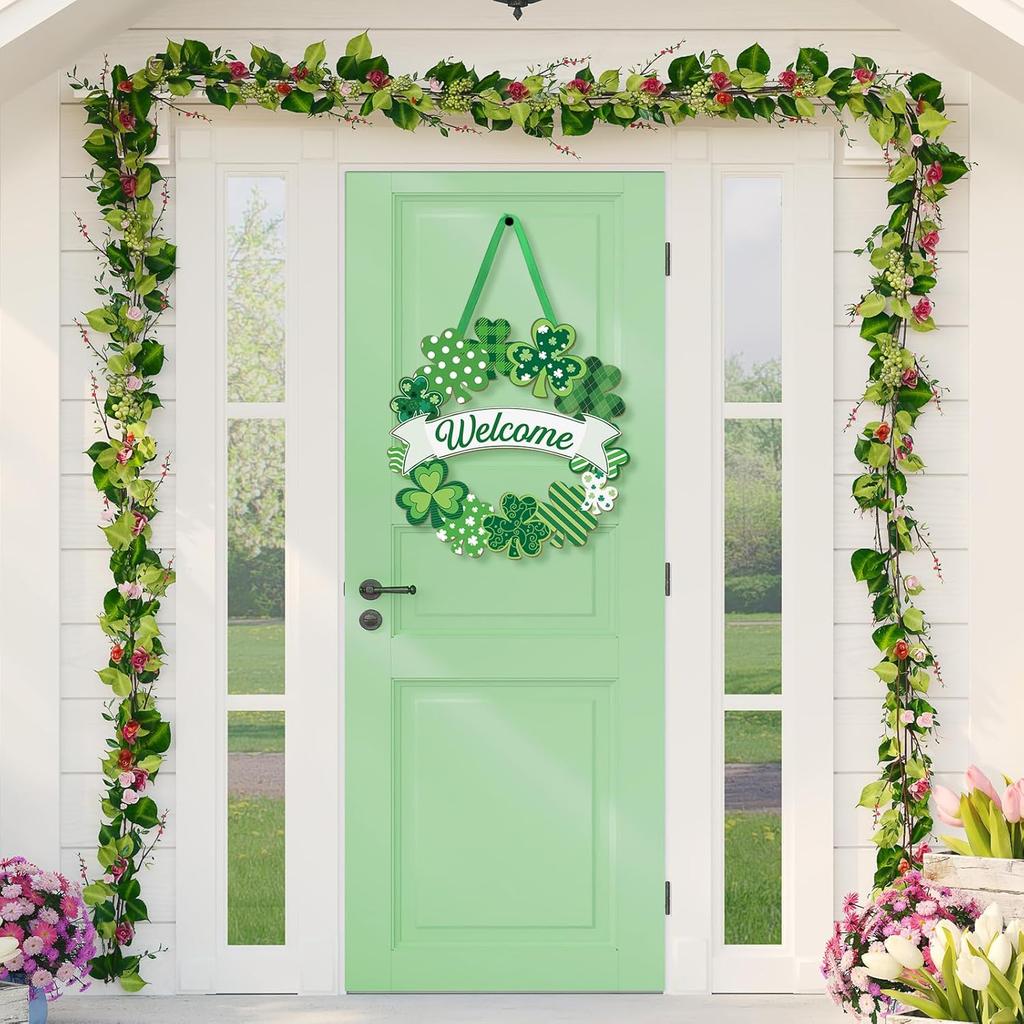 Wooden St. Patrick's Day Decoration Shamrock Door Wreath for Front Door Sign Wall Signs Shamrock Clover Spring Decoration, Irish Sign Welcome Hanging