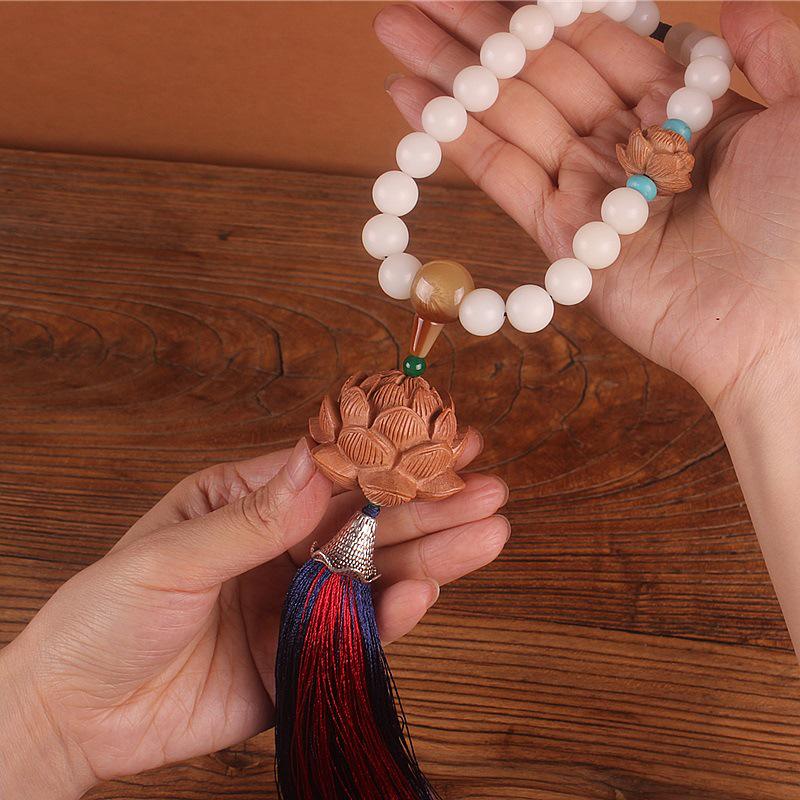 Natural White Jade & Peach Wood Lotus Pendant for Rearview Mirror
