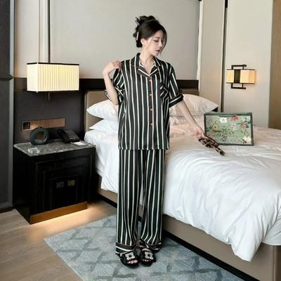 Summer New Ice Silk Printed Pajamas Women's Short-sleeved Trousers Fresh Home Clothes