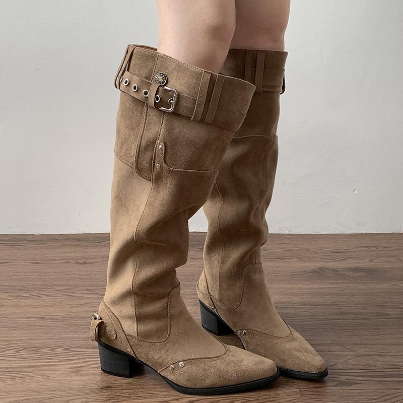 Fashion Vintage Rivet Hottie Women Knee-High Boots Fashion Belt Buckle Female Pleated Knight Long Booties Shoes
