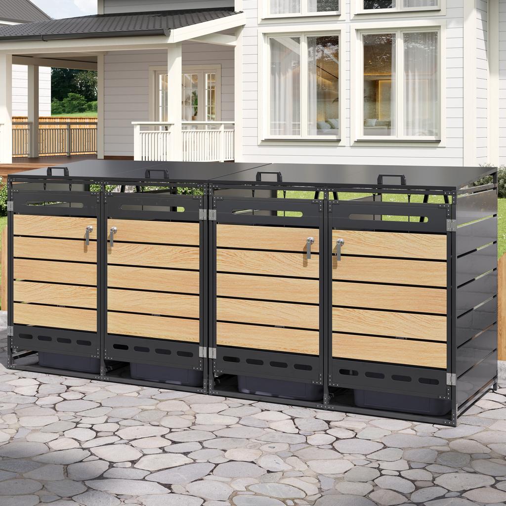 Set of 4 Wheelie Bin Boxes with Hydraulic Lid, Horizontal Wood-look Cladding, Slotted Ventilation, Iron Garden Storage Cabinet with Lock
