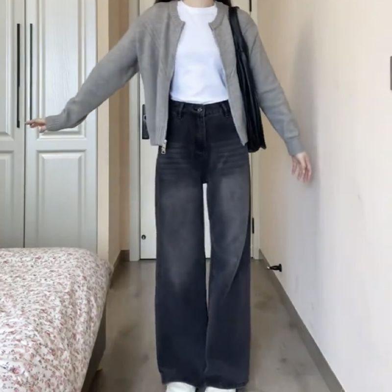 Retro Distressed High Waist Wide-Leg Jeans for Women - Spring/Summer, Loose Fit, Floor-Length, Black/Grey, Straight-Leg Trousers