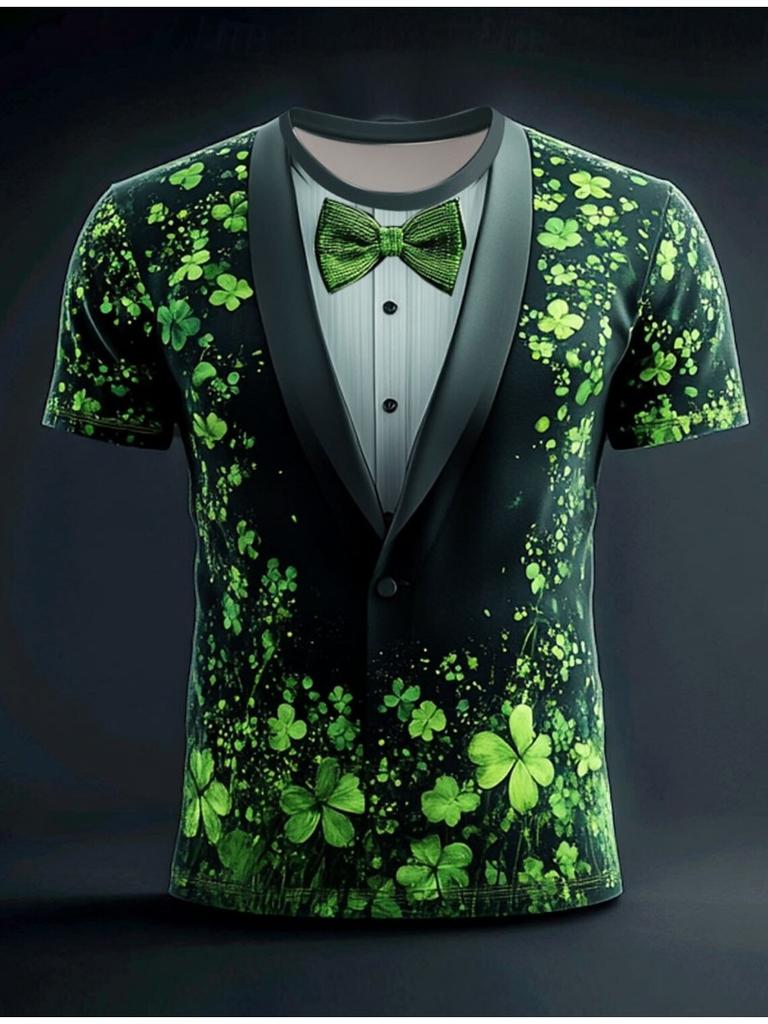 Shamrock Tuxedo Men's T Shirt 3D Print Short Sleeve T Shirt O-Neck Shirt Green Summer Spring Clothing Apparel