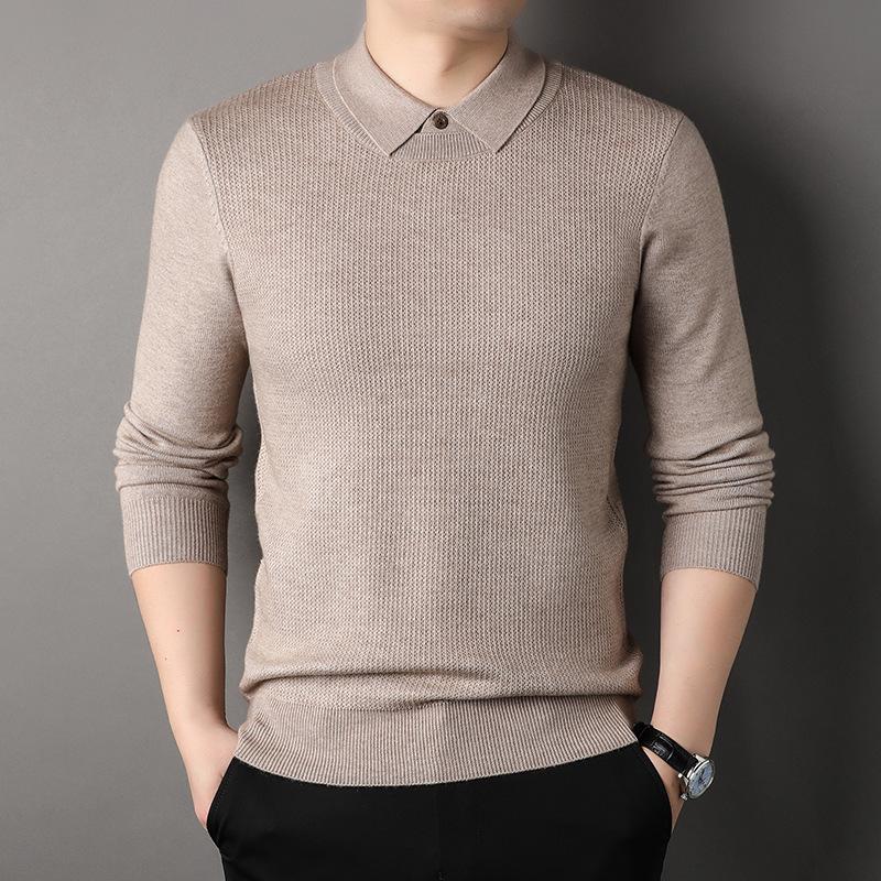 

Весна и осень новый стиль повседневный свитер мужской модный вязаный свитер с лацканами однотонный облегающий низ рубашки 3XL