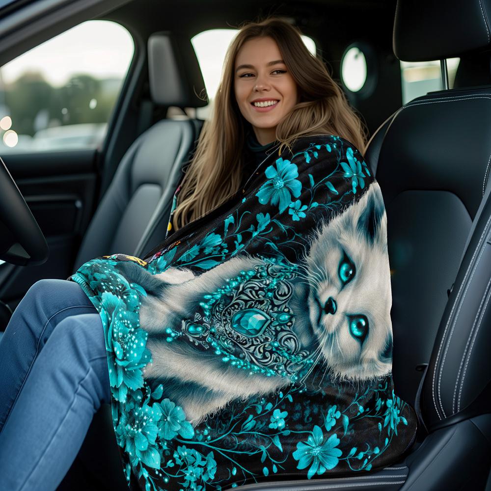 Mystic Blue Fox Floral Flannel Blanket Soft Cozy Throw Bedding Animal Art Decor Home Gift for Women Fantasy Lover