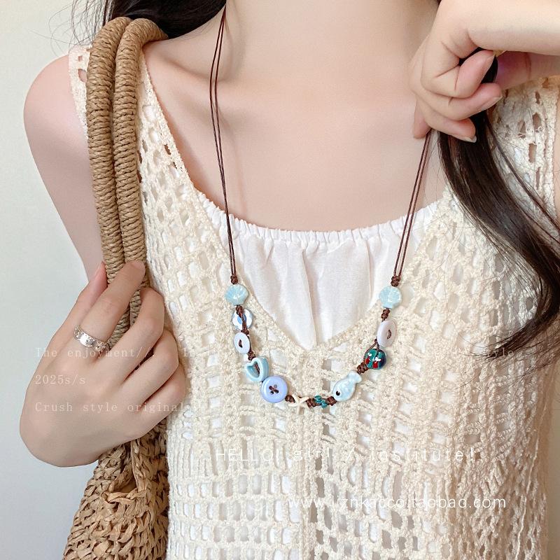 Blue Button Starfish Small Fish Necklace Female Design Premium Collarbone Chain Holiday Seaside Necklace Accessories