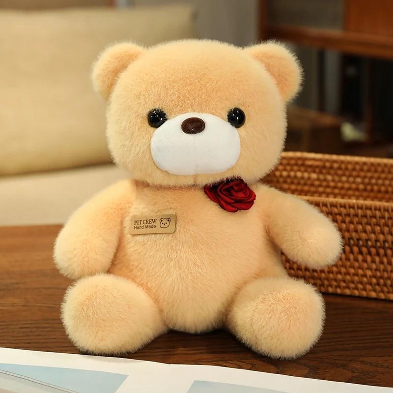 25cm Kawaii Colorful Bow Tie Bear Doll Plush Toy Stuffed Bear with Rose Animal Doll Birthday Gift Pillow for Girls Children