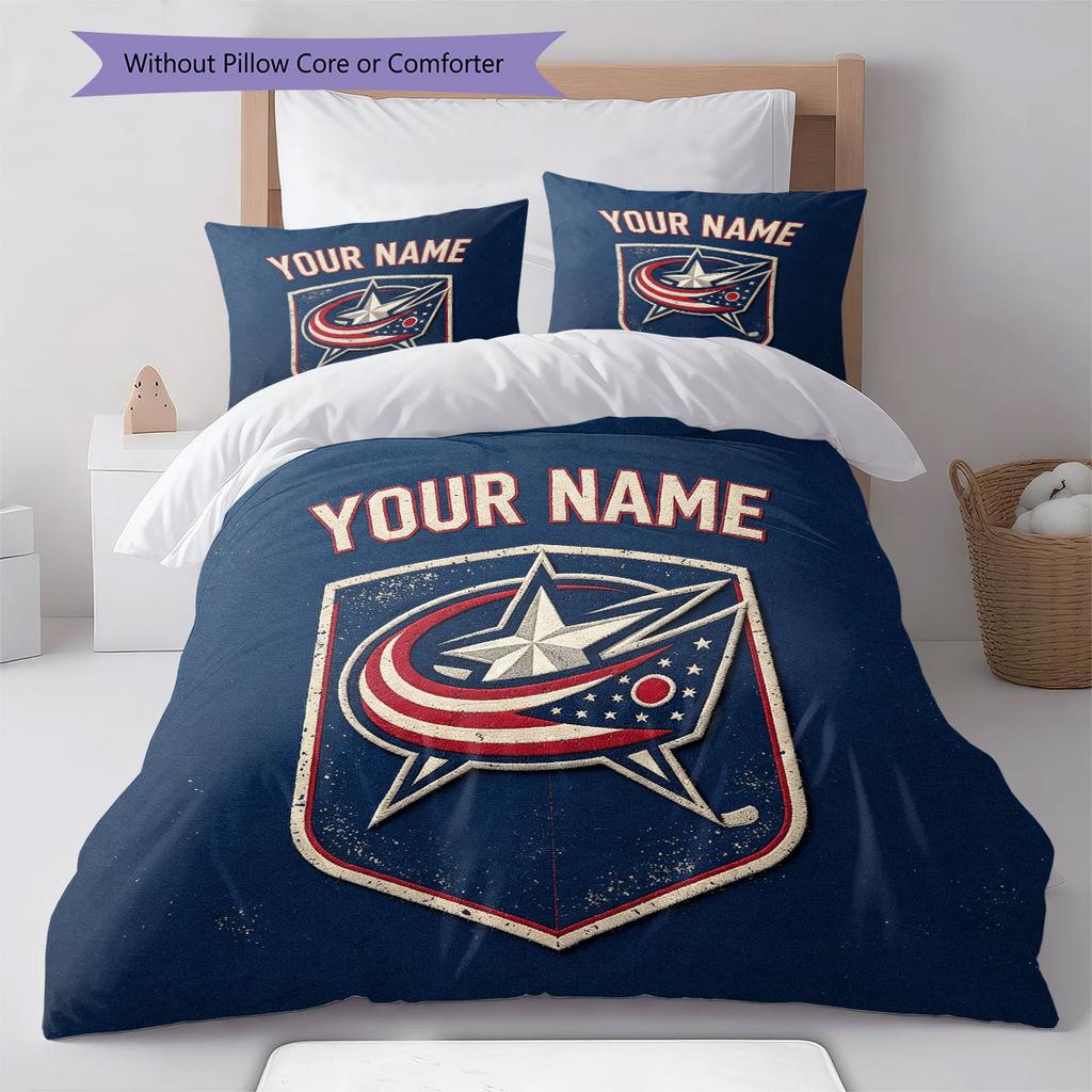 Custom Name,Columbus Blue Jackets Pattern Bedding Home Decoration Birthday Gift ( 1 Duvet Cover + 2 Pillowcase, Without Core),fan Merchandise.