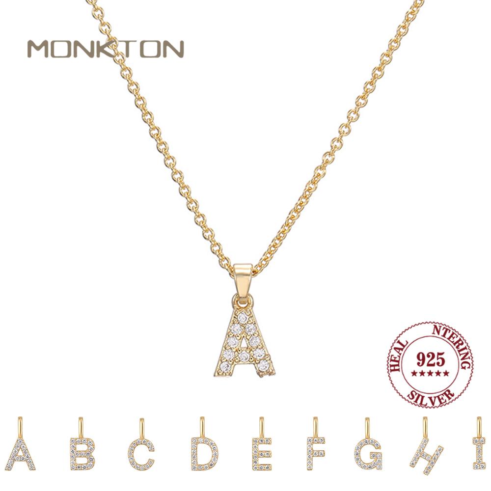 Monkton S925 Silver Letters A-Z Pendant Necklace for Women 14k Gold-Plated Fashion Jewelry for Wedding Party Gift